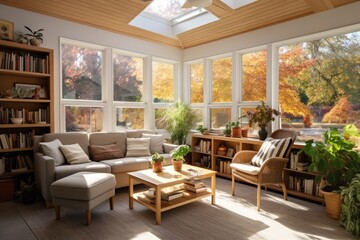 Cozy Apartment Modern Interior Living Room with Wood Accent Ceiling and Double Skylight in Fall