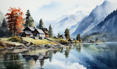 Naklejka premium Watercolor, landscape with houses on the lake.