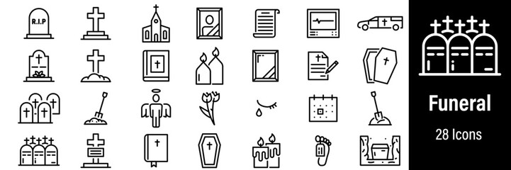 Funeral Web Icons. Hearse, Coffin, Gravestone, Bible, Church. Vector in Line Style Icons