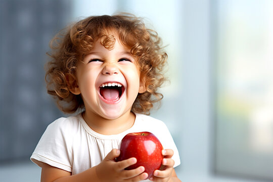 Smiling boy holding an apple in his hands