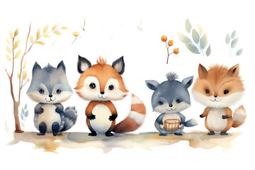 Character zoo set animals cute art cartoon raccoon design print forest fox drawing