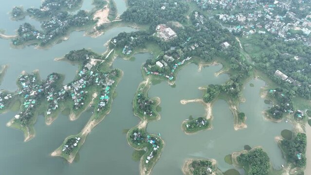 Aerial view of islands in Kaptai Lake in Rangamati District of Chittagong Division in Bangladesh.
