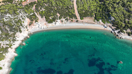 Aerial drone photo of secluded paradise beach of Skalosia in Perachora area near Loutraki, Corinthian gulf, Greece
