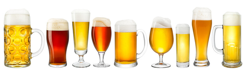 set collection of varoious german and international fresh beer in oktoberfest mug and glass isolated  white background - 644440517