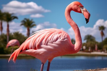 Obraz premium A pink flamingo with long neck strolls in exotic palms