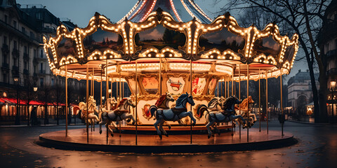 Intricately designed magical carousel with fantasy creatures Creating using, Carousel With Lights On It In A Large City Background, Carrousel in the city park Beautiful ,  Generative Ai - obrazy, fototapety, plakaty