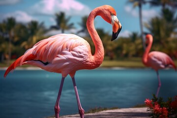 A pink flamingo with long neck strolls in exotic palms