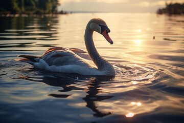 A red beaked swan elegantly swimming in the tranquil pond waters