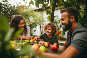 Mother man lunch family happy happiness food father together garden apple