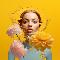 Portrait of a woman, with flowers and splash of water. Cosmetics, make up, beauty, spring concept.