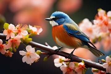 Blue and orange bird on a blossoming branch