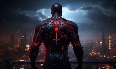 superhero standing facing the city at night, ai generative