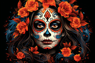 La Catrina dia de muertos Figur mit Maske / Make-up. Dekoriert mit Blumen. Tag der Toten in Mexico. Querformat. Generative Ai.