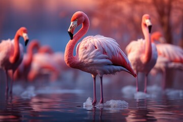 Graceful flamingos wade in a serene lake, their reflections dancing below