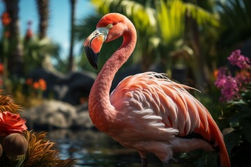 Graceful pink flamingo stands near exotic palms on a lush lawn