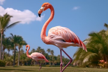 Fototapeta premium Graceful pink flamingo on lush lawn near exotic palm trees