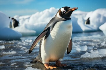 Fototapeta premium Lone penguin on beach, icebergs backdrop, Antarctic solitude captured