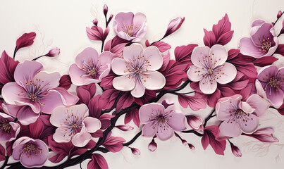 Fototapeta na wymiar Drawn, a branch with pink flowers on a white background.