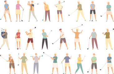 Elderly people playing golf icons set cartoon vector. Adult character. Woman sport