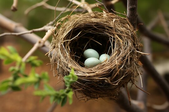 Natures artistry a birds nest cradled in the trees embrace