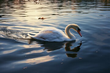 Fototapeta premium Serene seascape a swans swim in a lake at sunset