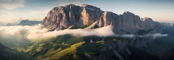 a high mountain covered in clouds in a panoramic landscape