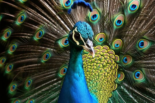 Male peacock captivates with vibrant tail feathers and graceful displays