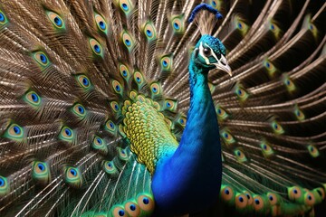 Obraz premium Vibrant peacock impresses with tail display and graceful courtship gestures