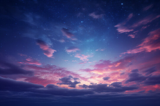 close up of twilight sky with pink clouds and stars