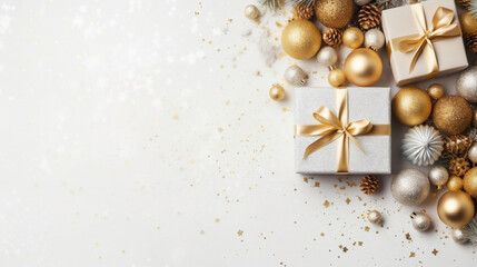 Two Christmas gift boxes with gold ribbon surrounded by gold and silver baubles on white backdrop, Merry Christmas background with copy space.