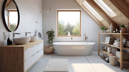 Fototapeta na wymiar White and wooden bathroom interior design, his and hers double countertop basin, modern minimalist japandi 3D illustration.