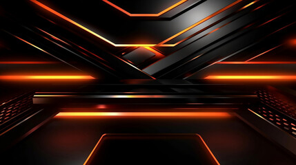 Black metal steel overlap stripes design with glowing golden light, high speed internet, technology, sport and game backdrop, abstract background.