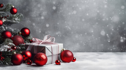 Christmas tree with red baubles and gift box on gray backdrop with snow, Merry Christmas background with copy space.