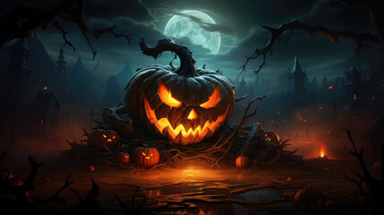 Naklejka premium Sinister yet captivating digital illustration of a jack-o'-lantern on Halloween night AI Generative