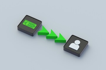 Philanthropy concept. Getting paid. Illegal reward. Financial aid. Corrupt enrichment. Arrows between money and human icon on buttons. 3d render