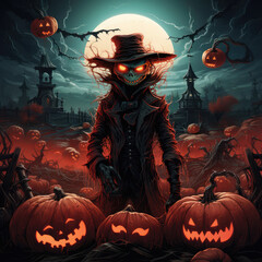Surreal Halloween scene with a pumpkin-headed scarecrow guarding an enchanted pumpkin patch under a blood-red moon AI Generative