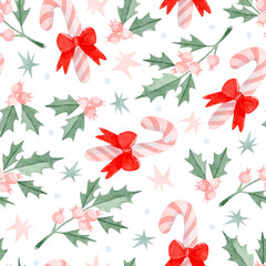 Watercolor pink candy canes and pink berry branches seamless pattern