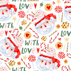 Watercolor Santa Claus mug with cacao and whipped cream, cookies and candy canes. Christmas lettering