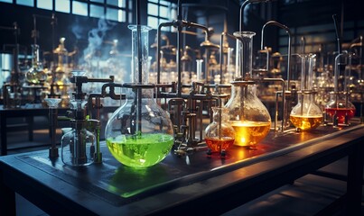 chemical liquid in glass bottle in laboratory, ai generative