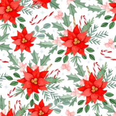 Fotobehang Watercolor poinsettia bouquets with candy canes and berry branches seamless pattern © Uli Prozorova