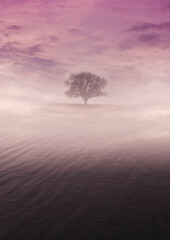 surreal tree and lake landscape with pink sunset sky