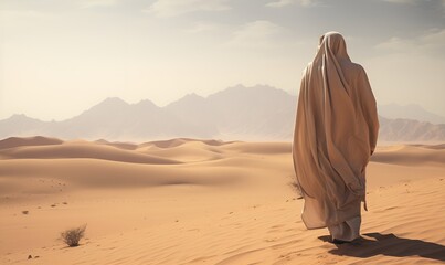 man wearing arabic abaya in desert overlooking settlement, ai generative - obrazy, fototapety, plakaty
