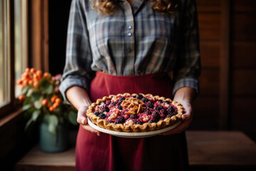 A freshly baked berry pie in the hands of a woman. Generative AI