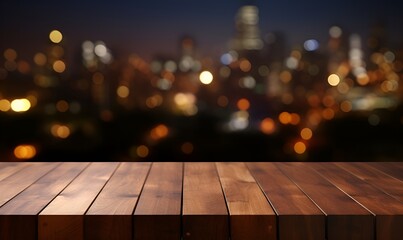 wooden table focus with blur night city light background, generative ai - obrazy, fototapety, plakaty