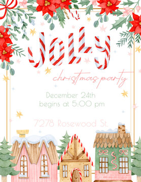 Christmas Party Watercolor Invitation Template With Christmas Village And Lettering