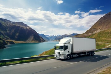 White cargo truck on a beautiful road. AI generative
