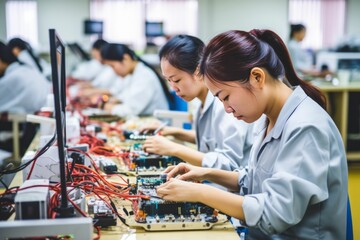 Asian woman worker. Modern factory. AI generative - obrazy, fototapety, plakaty