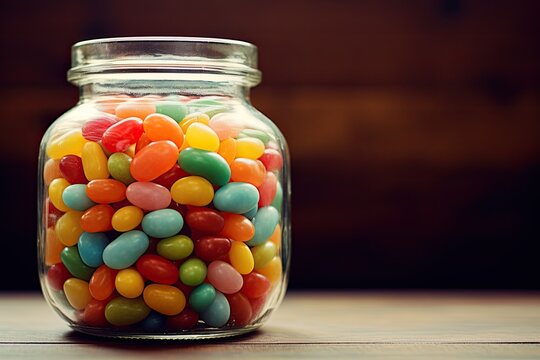Jar of jelly beans on wooden table. Generative AI