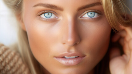 Obraz premium Extreme close-up on woman face with perfect skin and stunning gaze