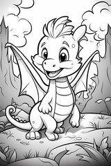 Dragon in the Forest Coloring Book Picture thick lines Animal Pet Cartoon Generative AI